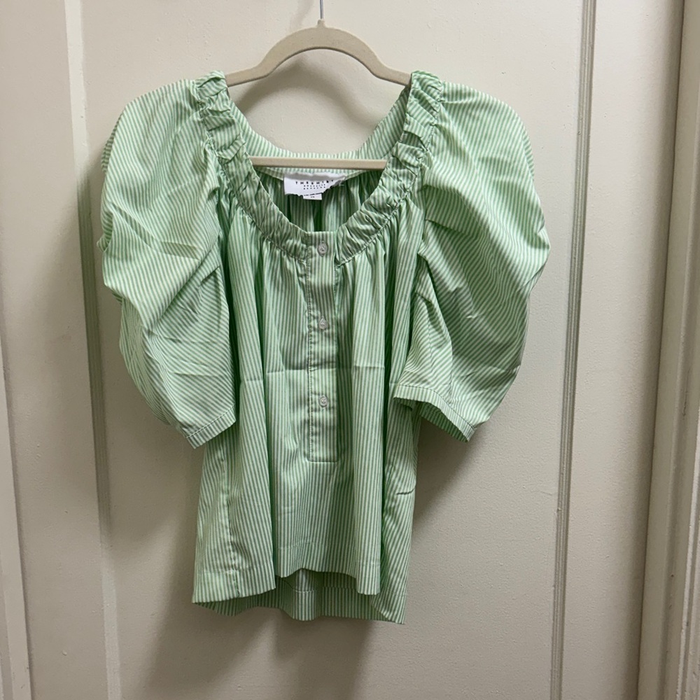 The Shirt by Rochelle Behrens Green Striped Blouse